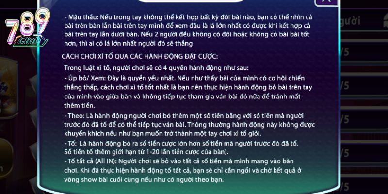 Trình tự ván đấu thông qua những hành động đặt kèo